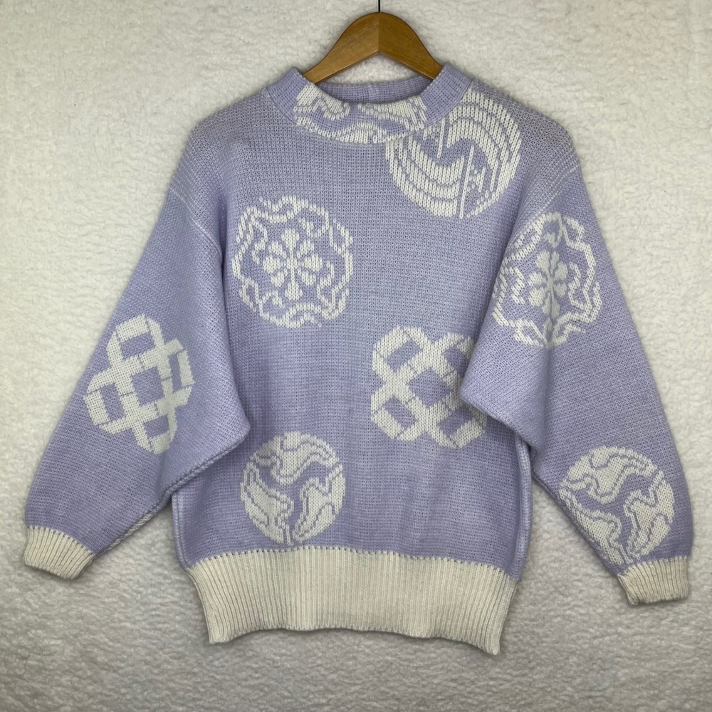 Pandora Vintage Knit Sweater Lavender Purple Cream Geometric Abstract Made USA